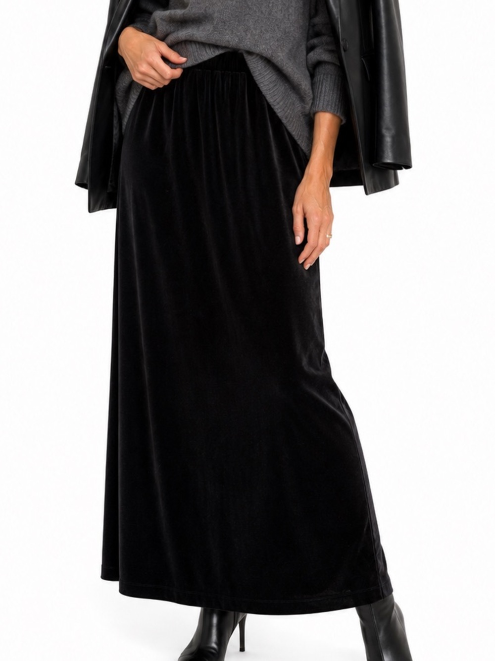 Lands’ End Black Velour Maxi Skirt Pull-On Elastic Waist USA Made Size L 14-16